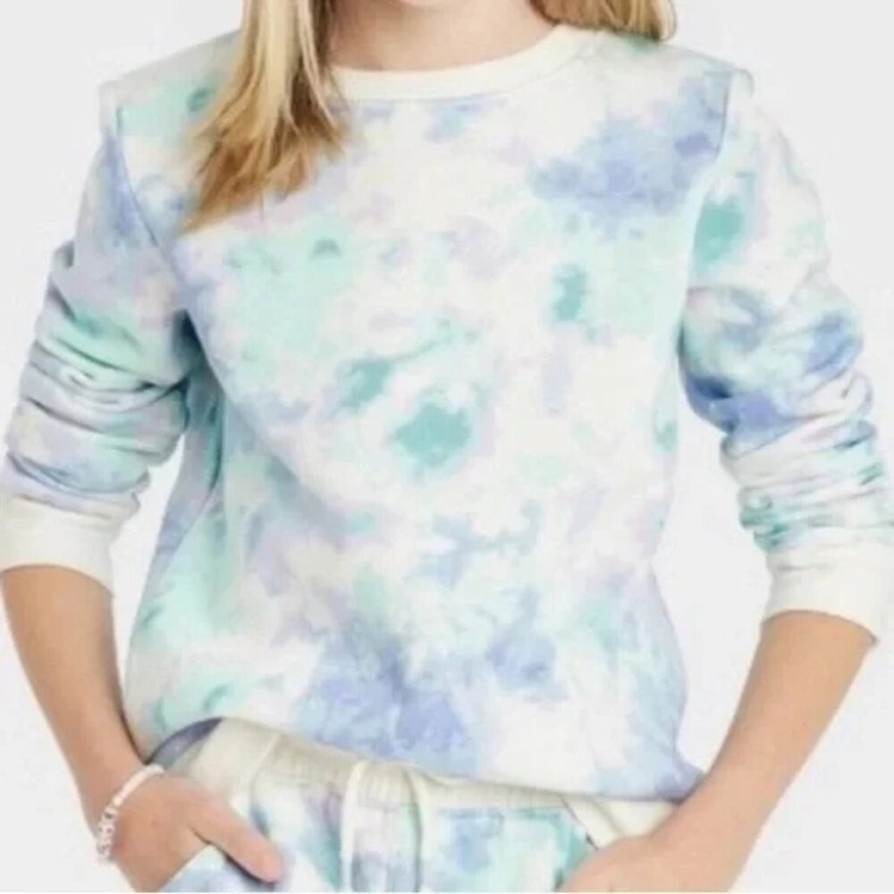 NWT Cat & Jack Girls Sweatshirt S Ocean Green Tie Dye Pullover Fleece Fall Cozy